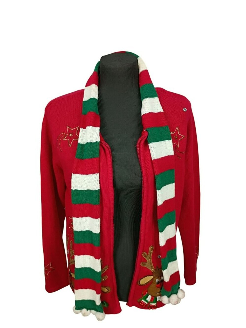 Heirloom Collectibles Christmas Cardigan W/ Embroidered Reindeer & Striped Scarf